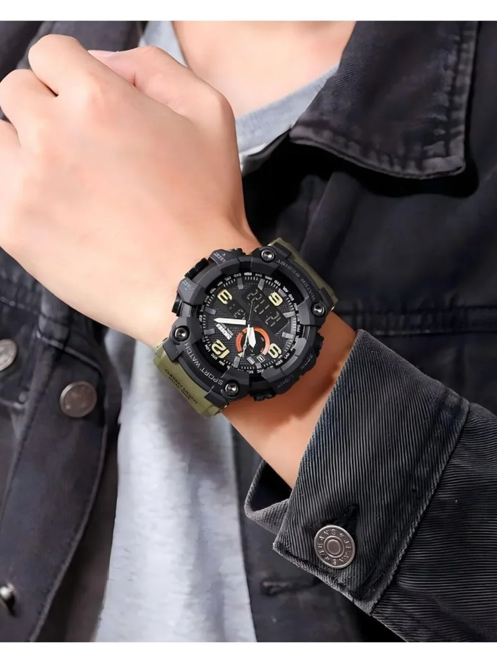 Men Army&Green Analog Quartz S-Shock Waterproof Outdoor Sports LED Digital Watch